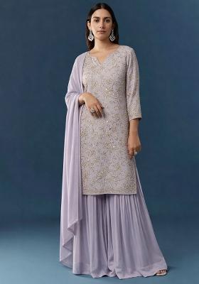 Lavender Embroidered Georgette Sharara Set