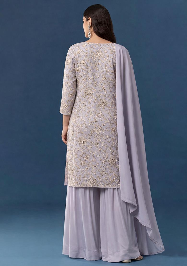 Lavender Embroidered Georgette Sharara Set - Indya