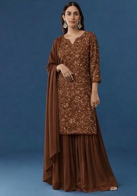 Brown Embroidered Georgette Sharara Set