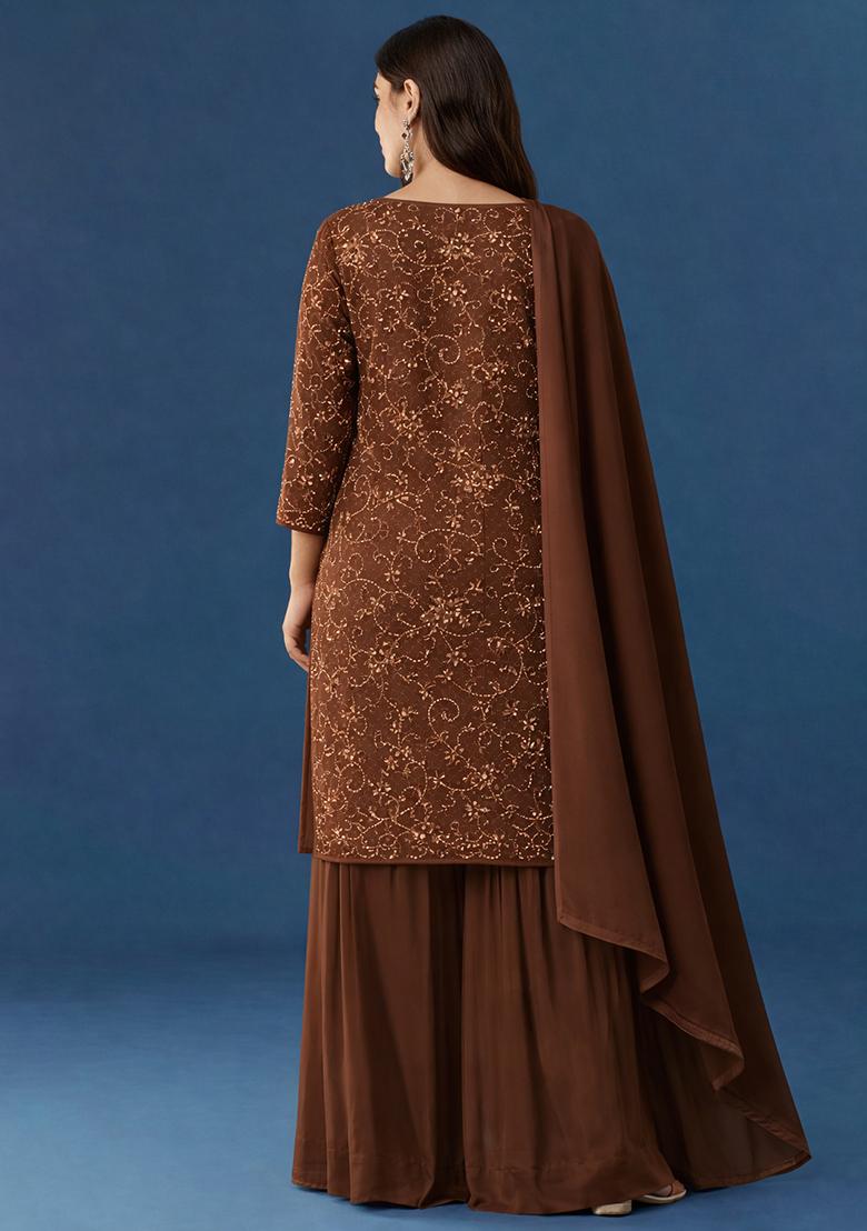 Brown Embroidered Georgette Sharara Set - Indya