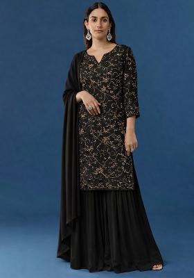 Black Embroidered Georgette Sharara Set