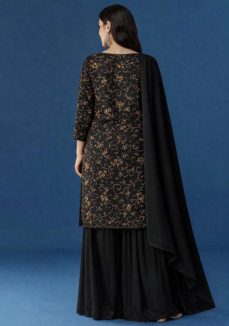Black Embroidered Georgette Sharara Set - Indya