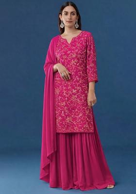 Pink Embroidered Georgette Sharara Set