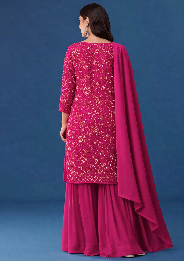 Pink Embroidered Georgette Sharara Set - Indya