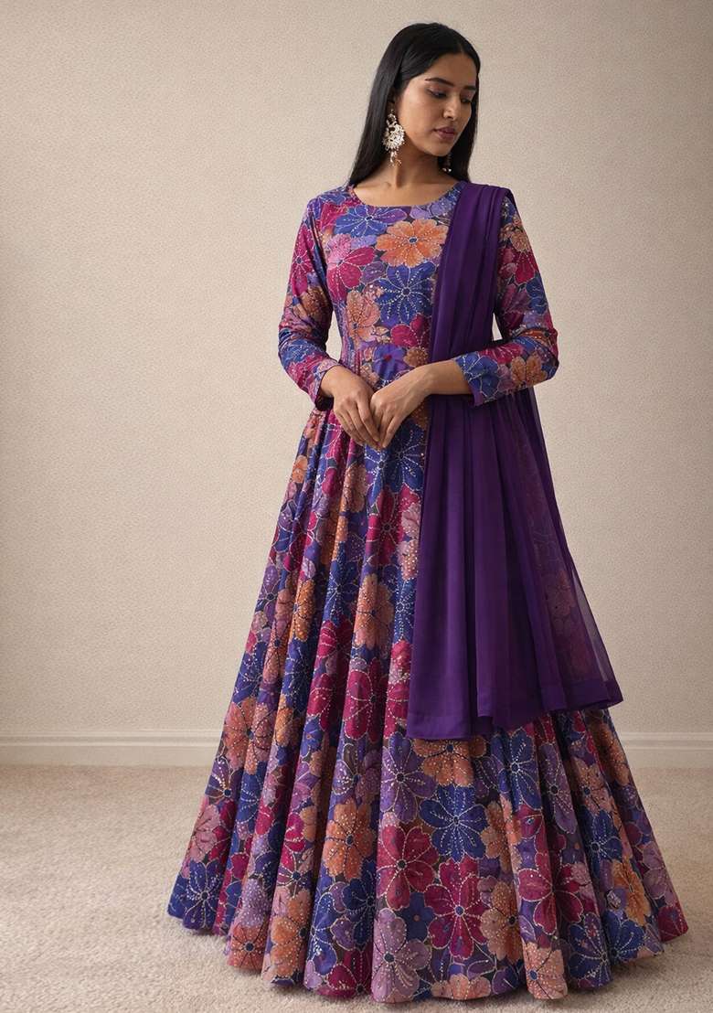 Purple Floral Print Crepe Anarkali With Dupatta - Indya