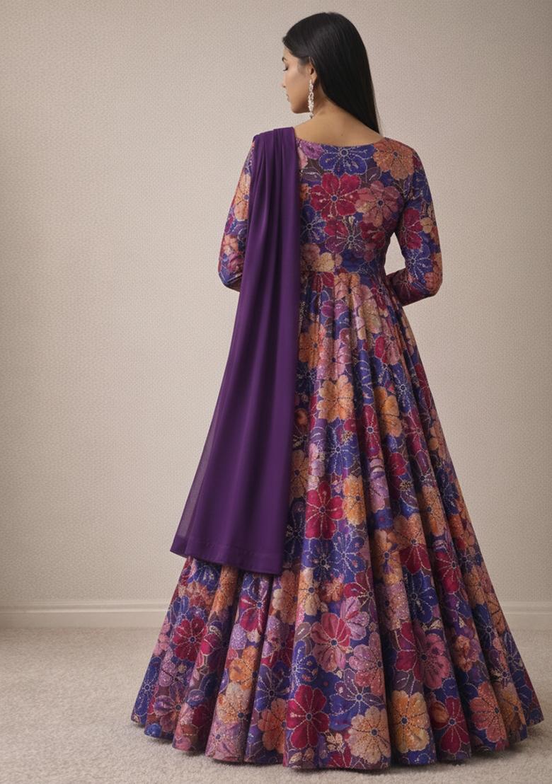 Purple Floral Print Crepe Anarkali With Dupatta - Indya