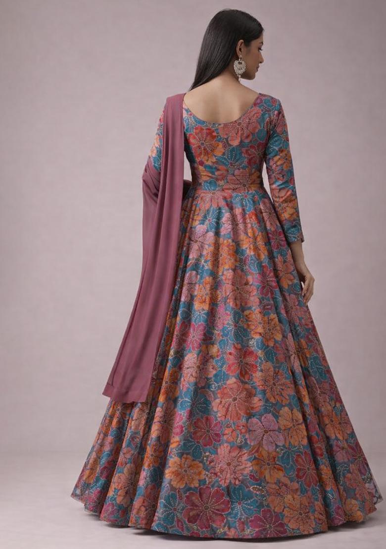 Mauve Floral Print Crepe Anarkali With Dupatta - Indya