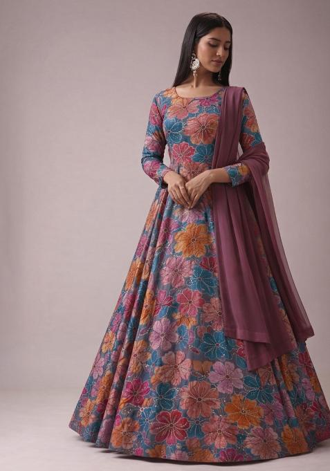 Mauve Floral Print Crepe Anarkali With Dupatta
