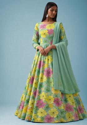 Mint Green Floral Print Crepe Anarkali With Dupatta