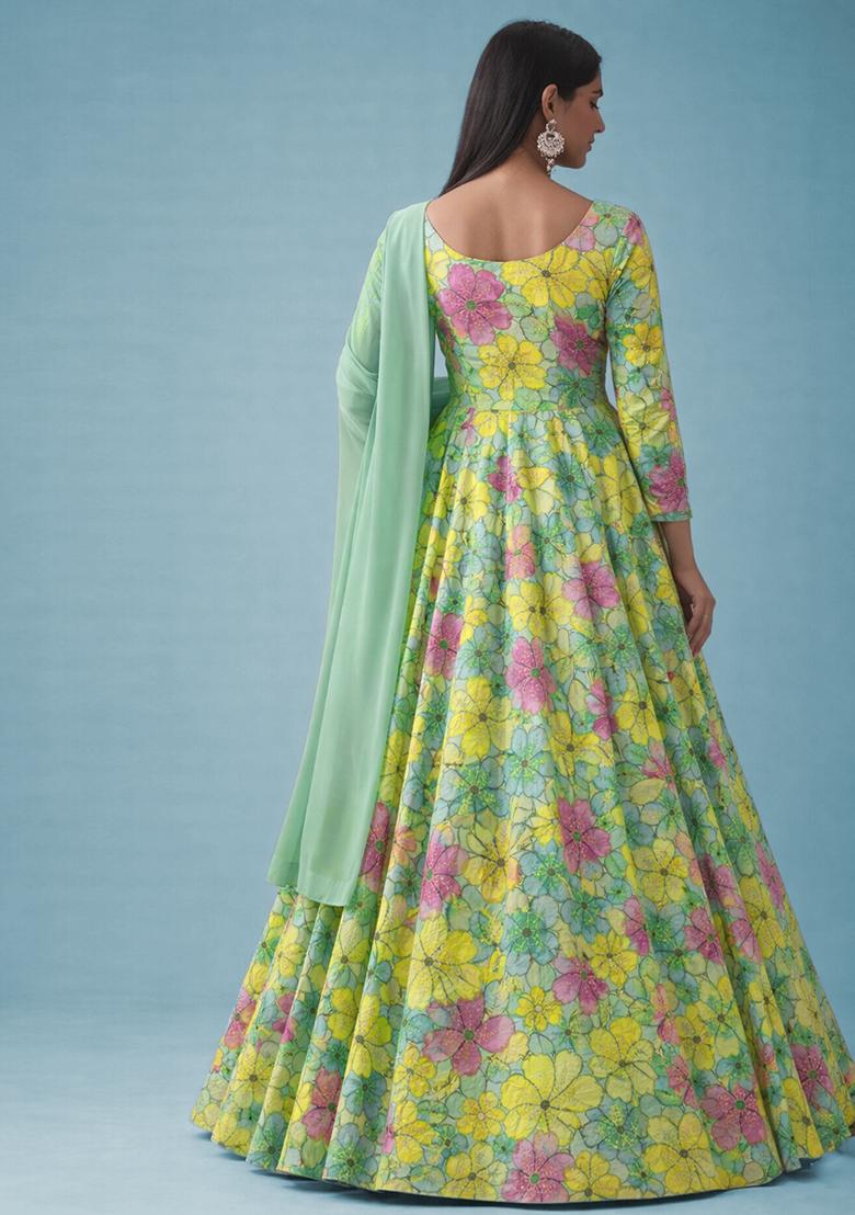 Mint Green Floral Print Crepe Anarkali With Dupatta - Indya