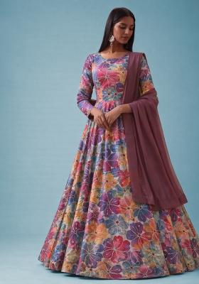 Multicolor Floral Print Crepe Anarkali With Dupatta