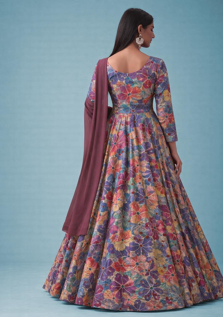 Multicolor Floral Print Crepe Anarkali With Dupatta - Indya