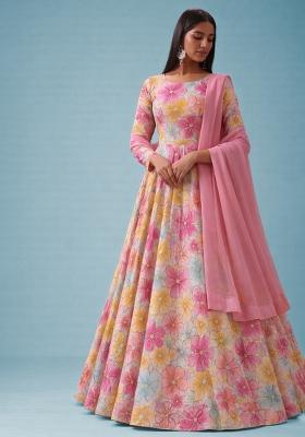 Soft Pink Floral Print Crepe Anarkali With Dupatta