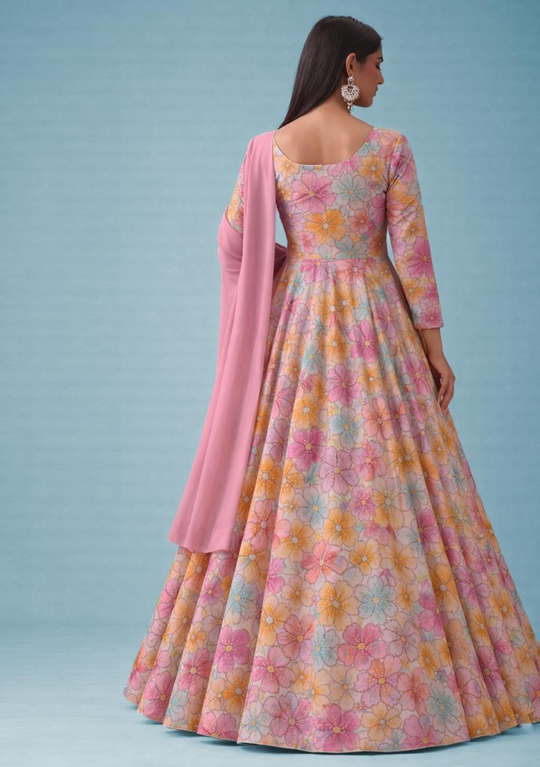 Soft Pink Floral Print Crepe Anarkali With Dupatta - Indya