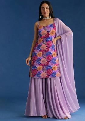 Lavender Floral Print Crepe Sharara Set