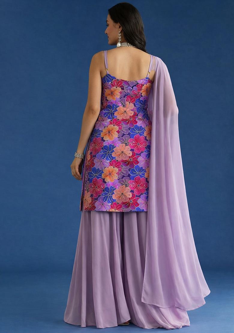 Lavender Floral Print Crepe Sharara Set - Indya