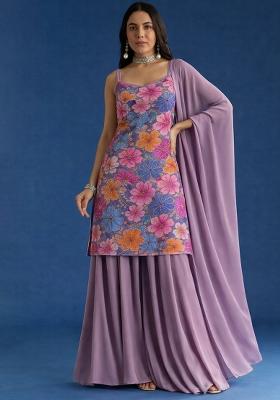 Lavender Floral Print Crepe Sharara Set