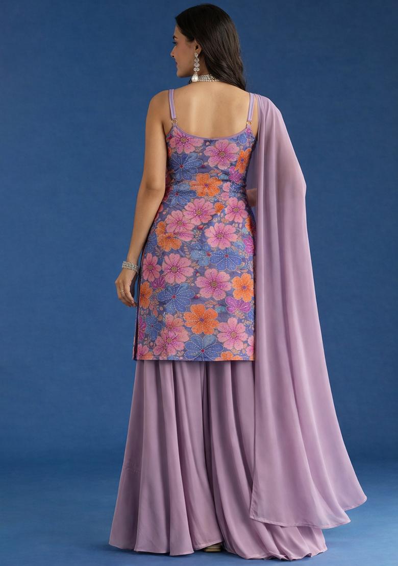 Lavender Floral Print Crepe Sharara Set - Indya