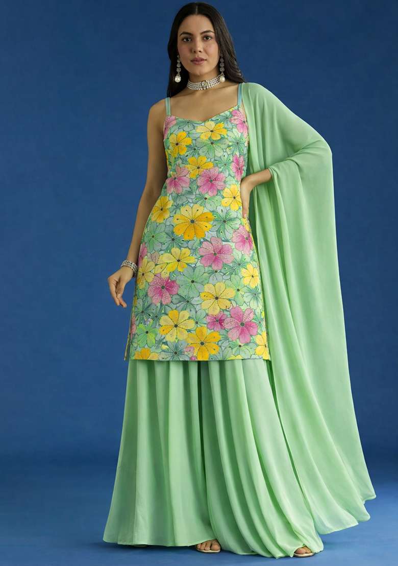Mint Green Floral Print Crepe Sharara Set - Indya