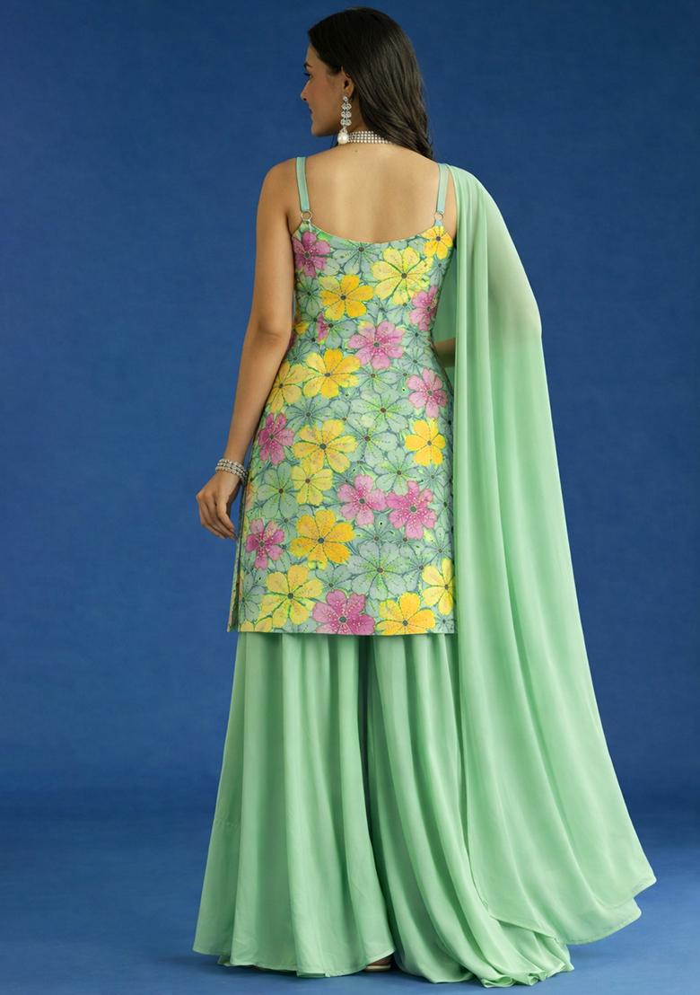 Mint Green Floral Print Crepe Sharara Set - Indya