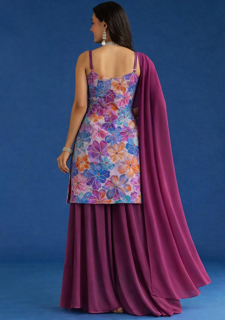 Rani Pink Floral Print Crepe Sharara Set - Indya
