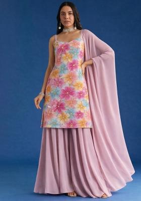 Soft Pink Floral Print Crepe Sharara Set