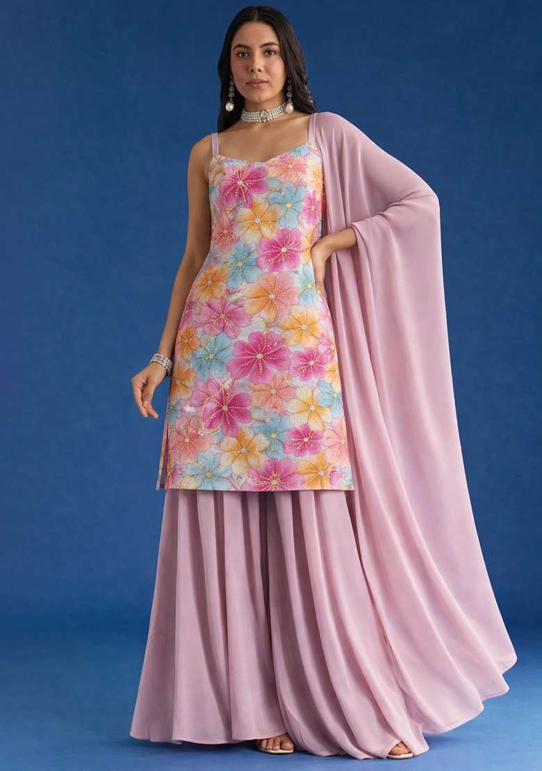 Soft Pink Floral Print Crepe Sharara Set - Indya