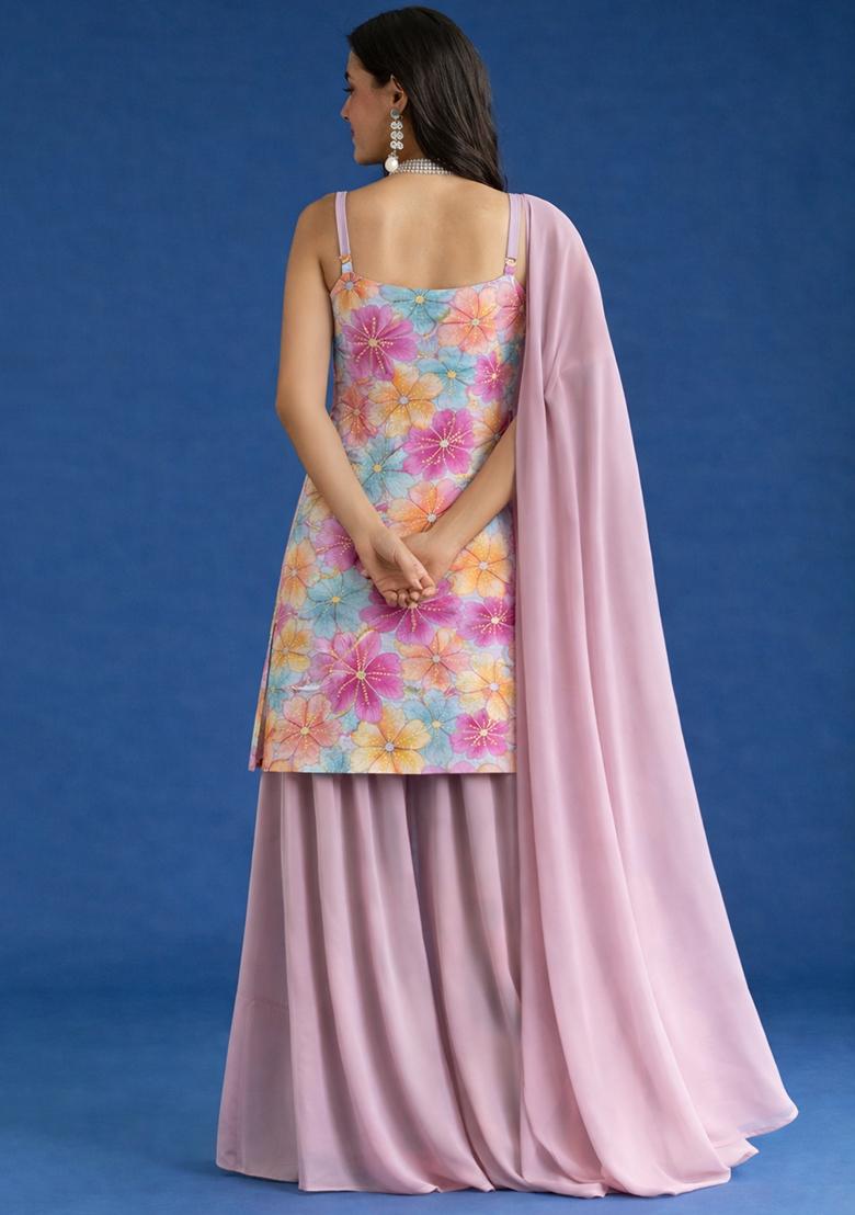 Soft Pink Floral Print Crepe Sharara Set - Indya