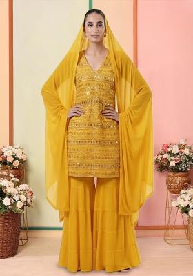 Yellow Embroidered Georgette Sharara Set