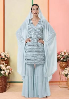 Ice Blue Embroidered Georgette Sharara Set