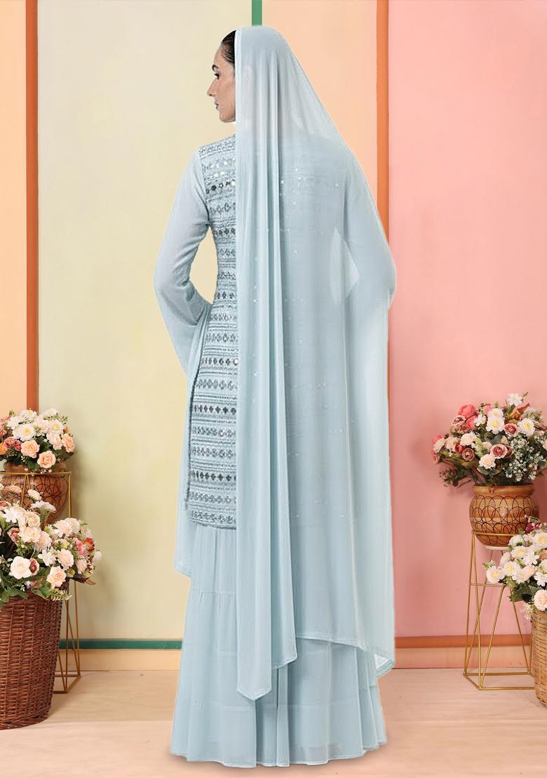 Ice Blue Embroidered Georgette Sharara Set - Indya
