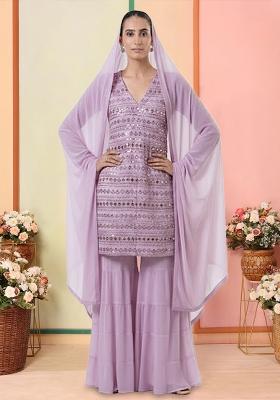 Lavender Embroidered Georgette Sharara Set