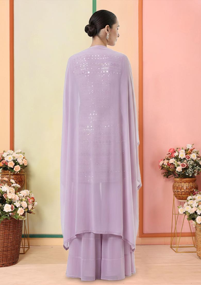 Lavender Embroidered Georgette Sharara Set - Indya