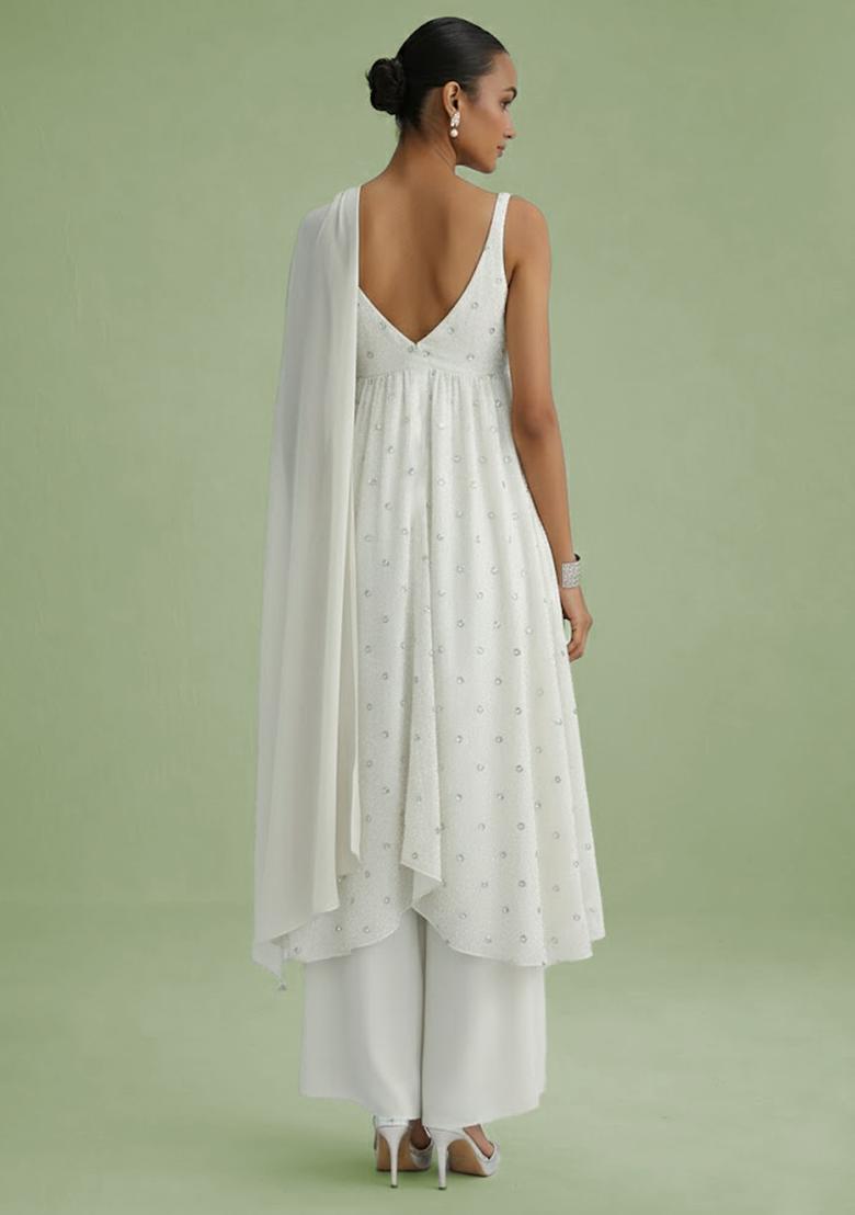 Off White Embroidered Georgette Kurta Set - Indya