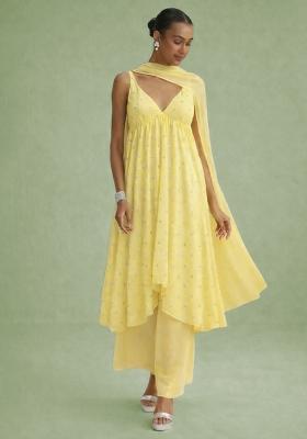 Lemon Yellow Embroidered Georgette Kurta Set