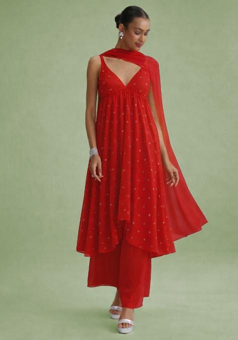 Deep Red Embellished Georgette A Line Kurta Set