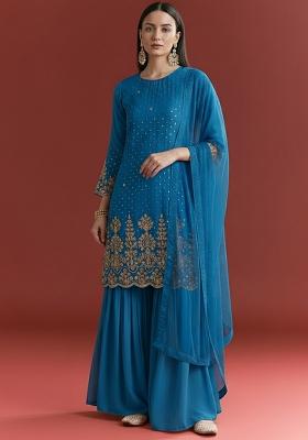 Teal Blue Chinon Sharara Set