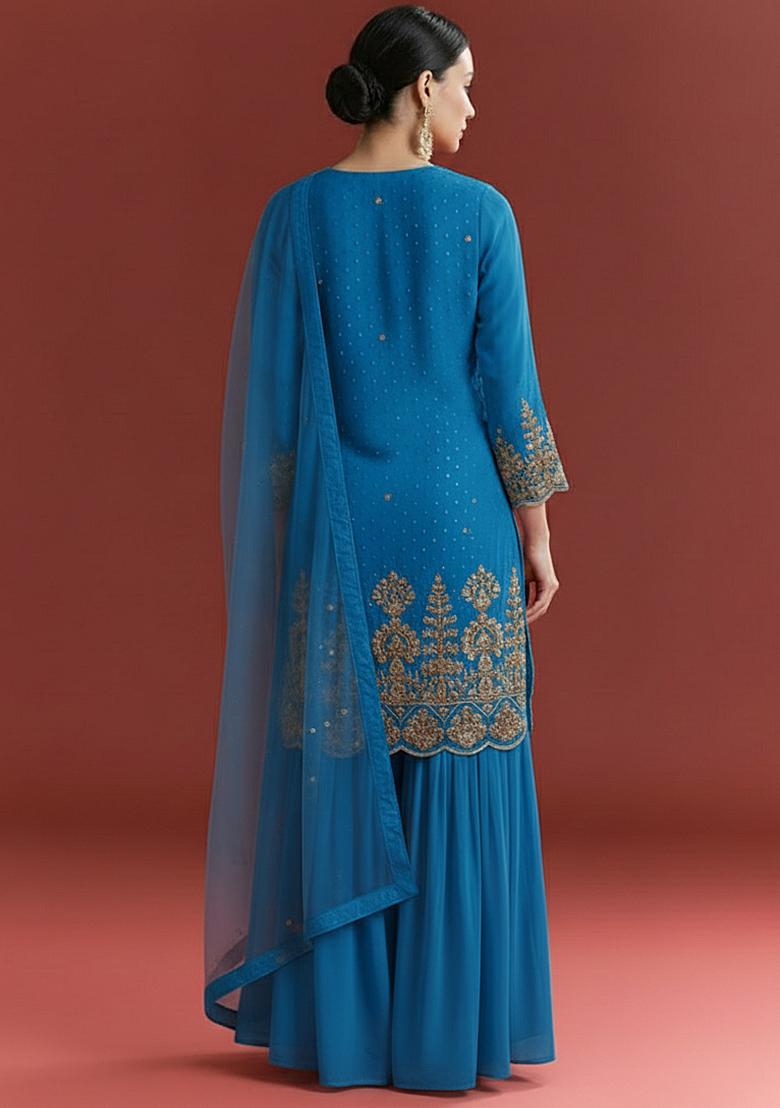 Teal Blue Chinon Sharara Set - Indya