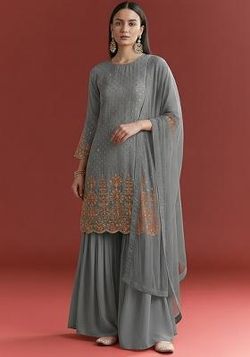 Ash Grey Chinon Sharara Set