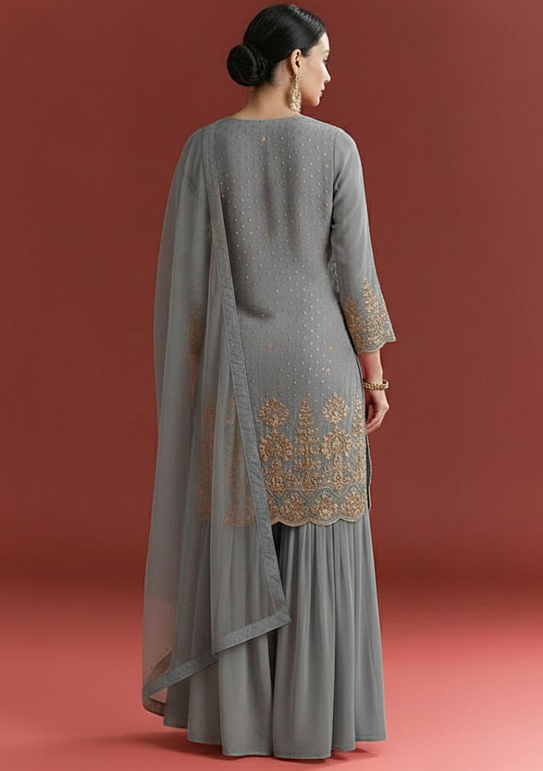 Ash Grey Chinon Sharara Set - Indya