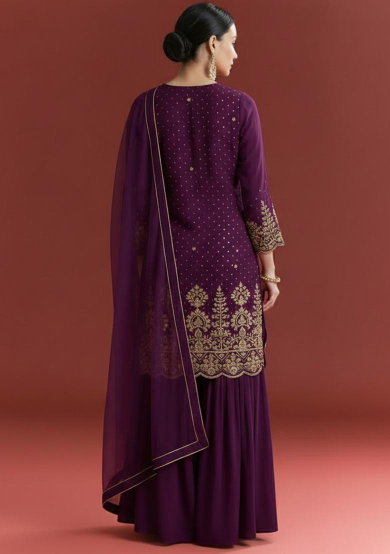 Deep Purple Chinon Sharara Set - Indya