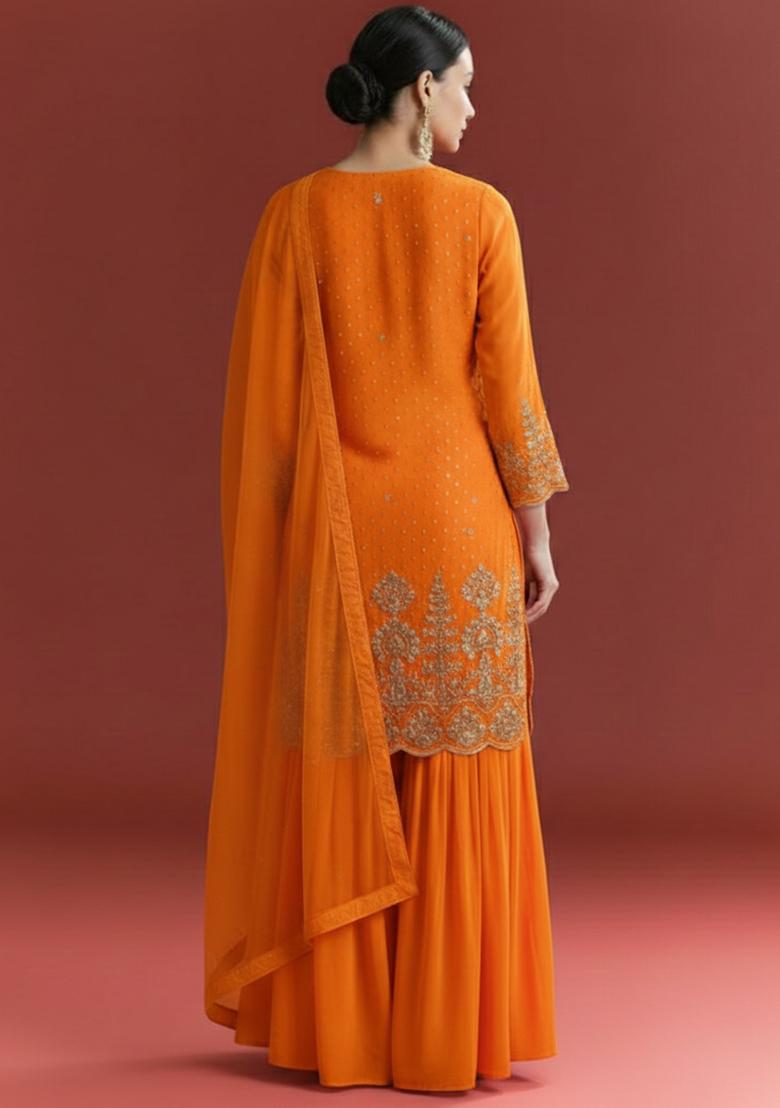 Orange Chinon Sharara Set - Indya
