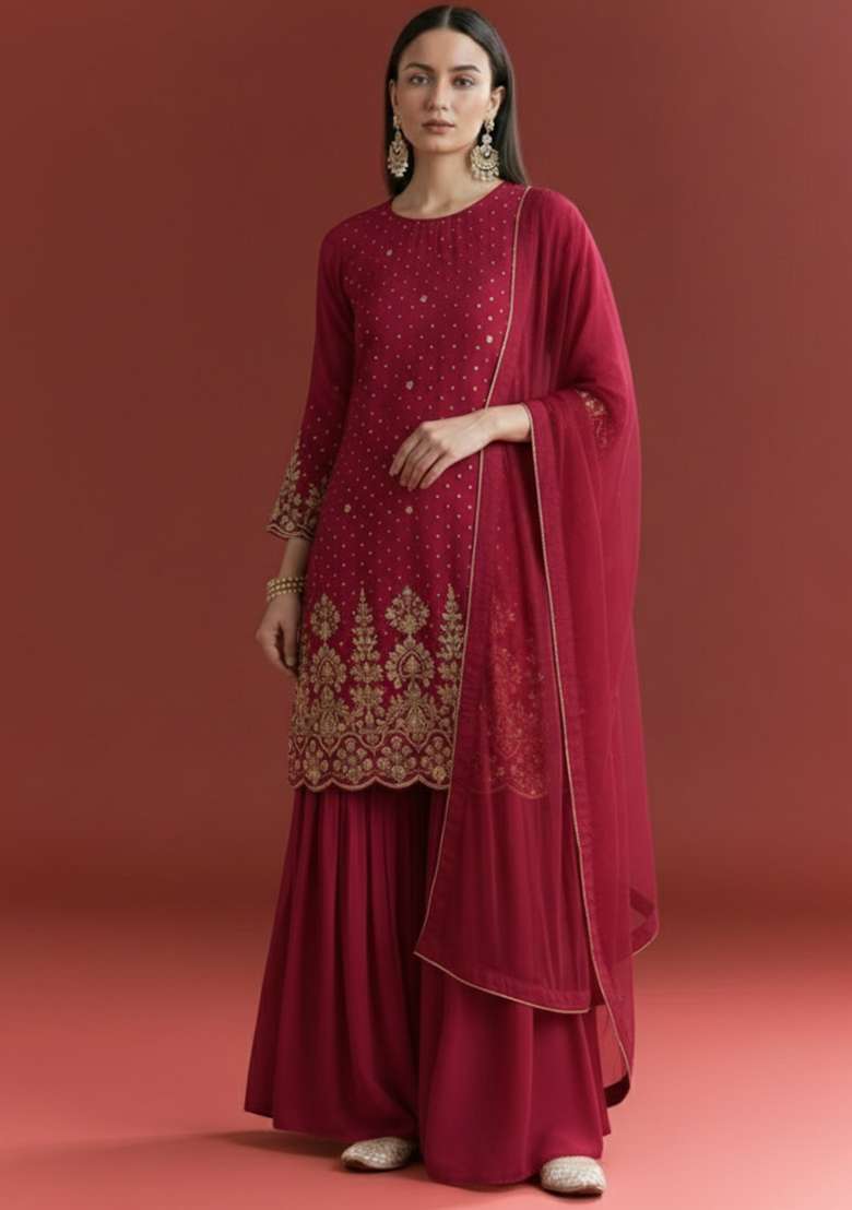 Maroon Chinon Sharara Set - Indya