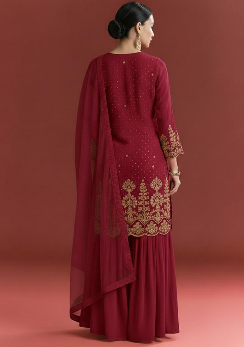 Maroon Chinon Sharara Set - Indya