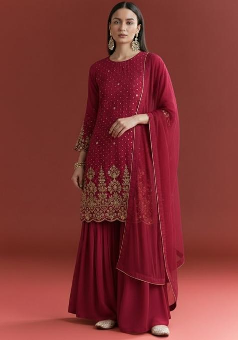 Maroon Chinon Sharara Set