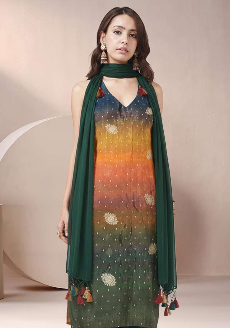 Bottle Green Tie And Dye Crepe Straight Kurta Set - Indya