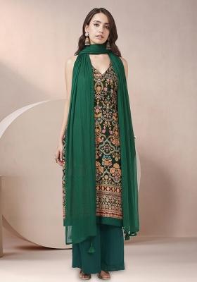 Dark Green Embroidered Crepe Kurta Set
