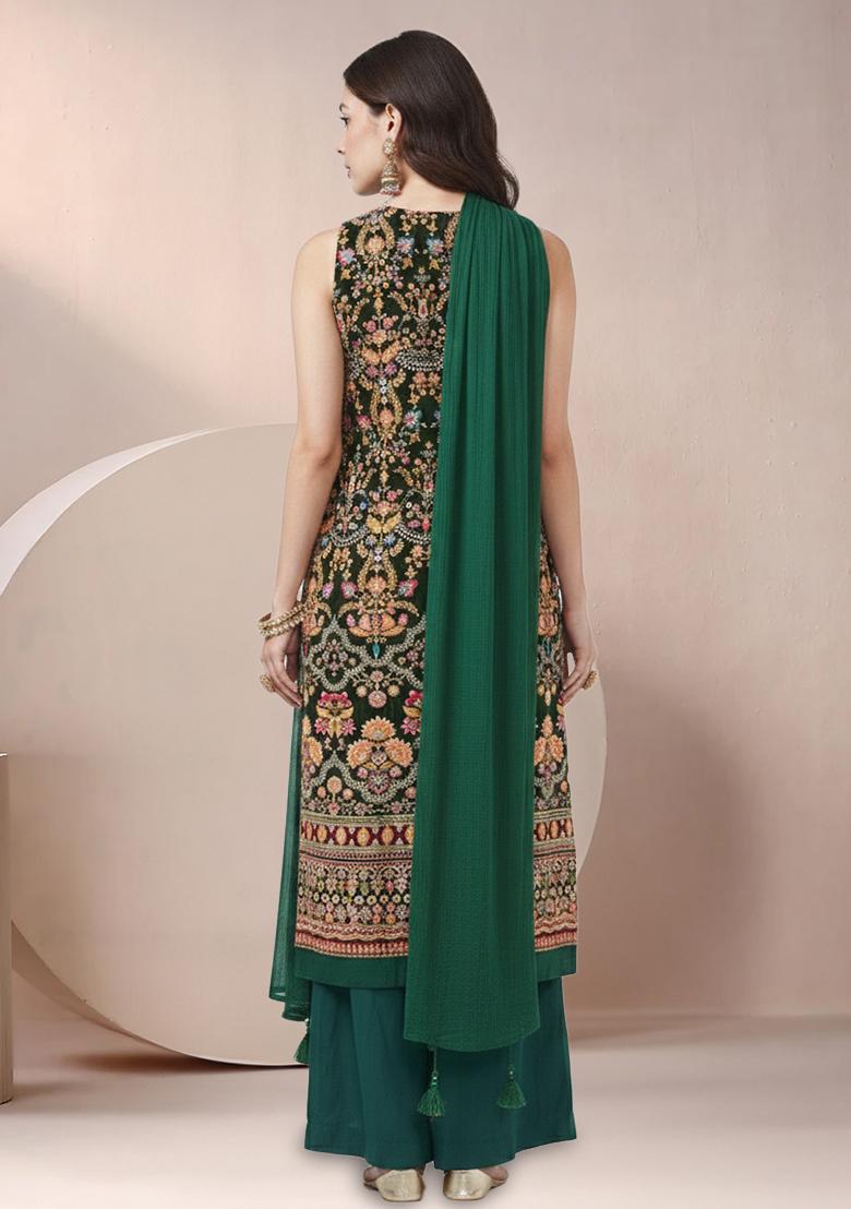 Dark Green Embroidered Crepe Kurta Set - Indya