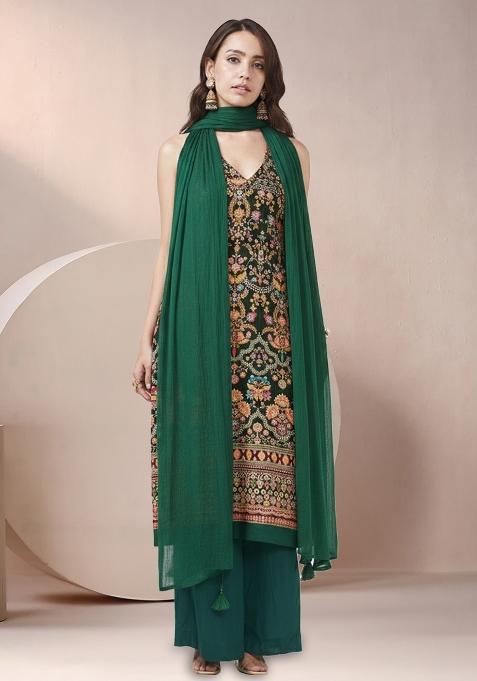 Dark Green Printed Crepe Pakistani Suit Set