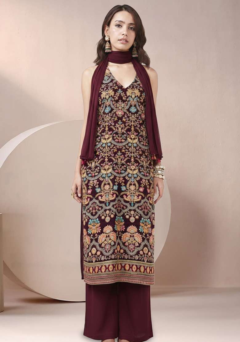 Maroon Printed Crepe Pakistani Suit Set - Indya